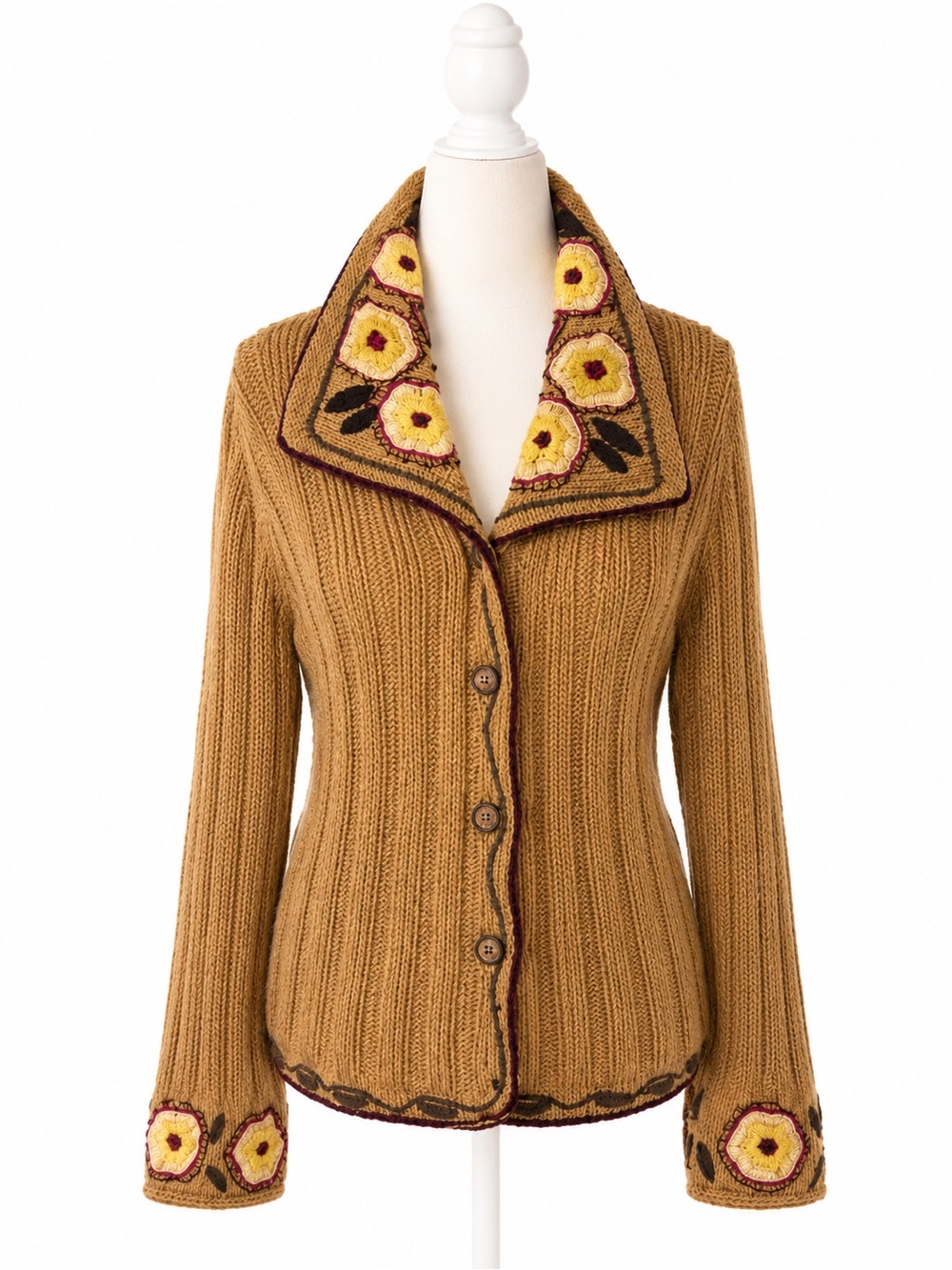 J Jill Handknit Cardigan Womens S Boho Floral Embroidered Brown Cottagecore